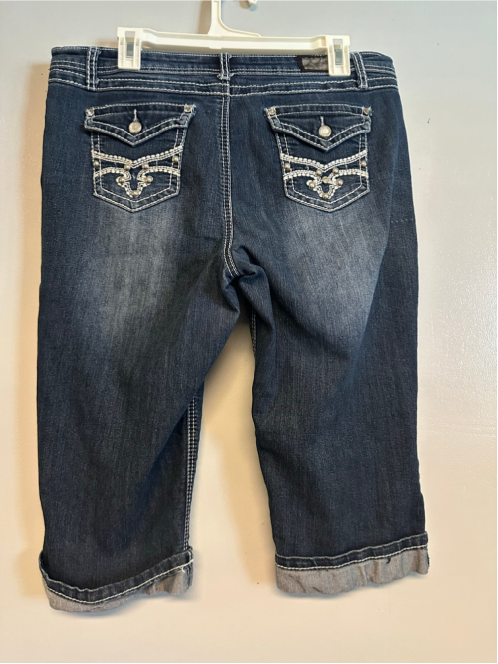 Y2K Earl Jean Cropped Capri Jeans Size 12 Blue Silver Embellished Rhinestone